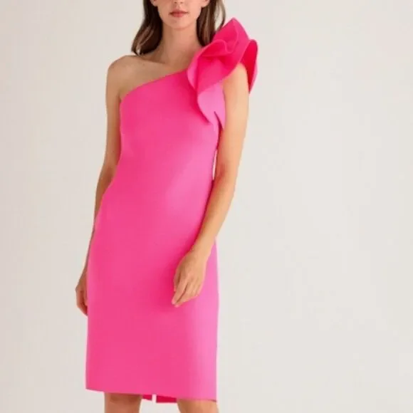 Eliza J. One-Shoulder Scuba Crepe Cocktail Dress in Hot Pink - Picture 1 of 8